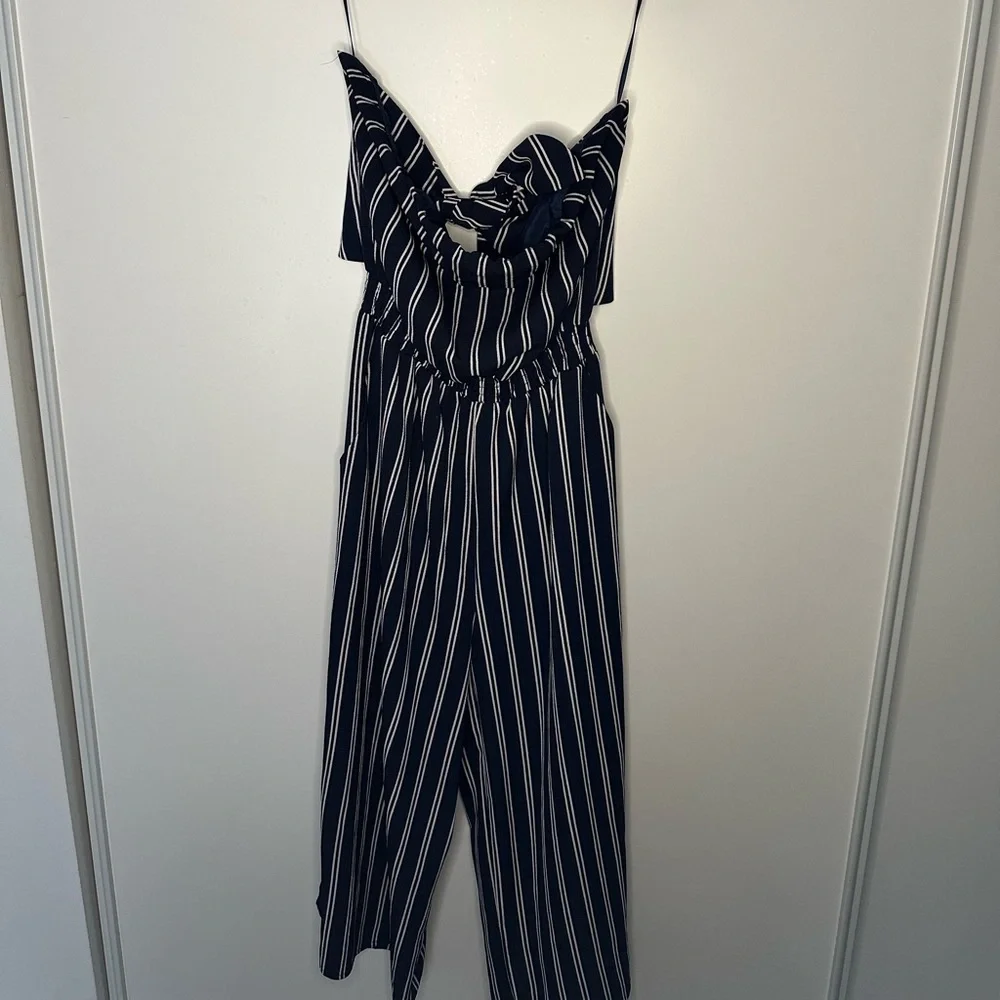 Lulu's Navy & White Striped Strapless Jumpsuit with Back Tie - Picture 2 of 5